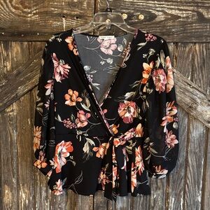 PerSeption Concept Black Floral Tie-Waist Wrap Blouse with Semi Sheer  Sleeves